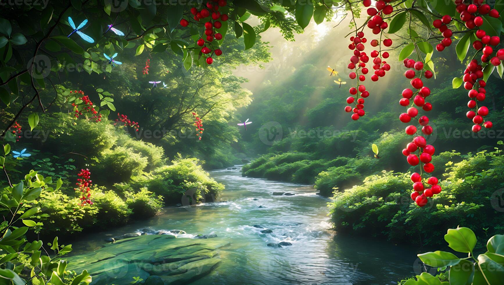 River Flowing Through Forest with Light Rays and Colorful Insects photo