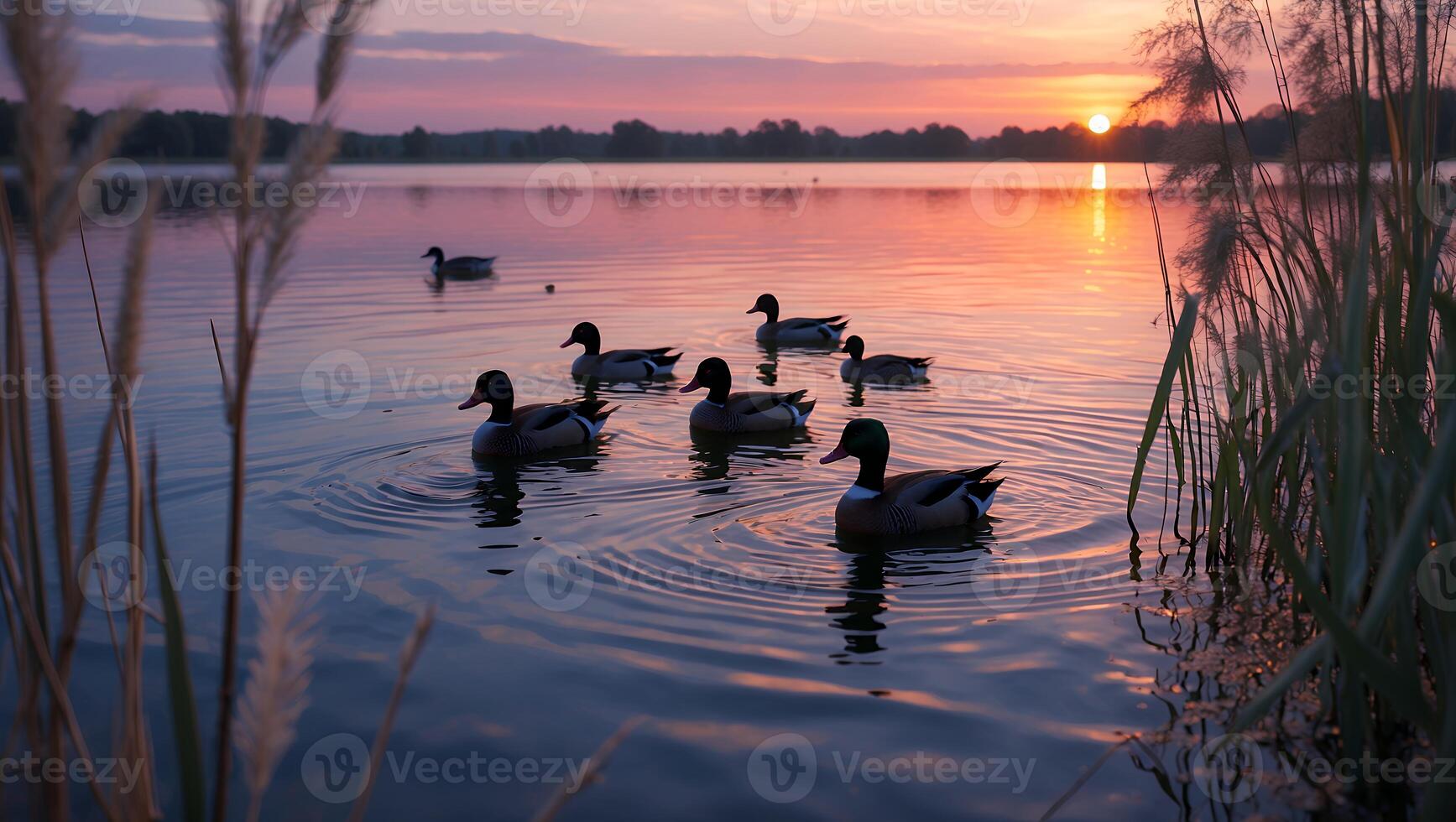 Ducks Swimming on Lake at Sunset with Reflections and Reeds photo