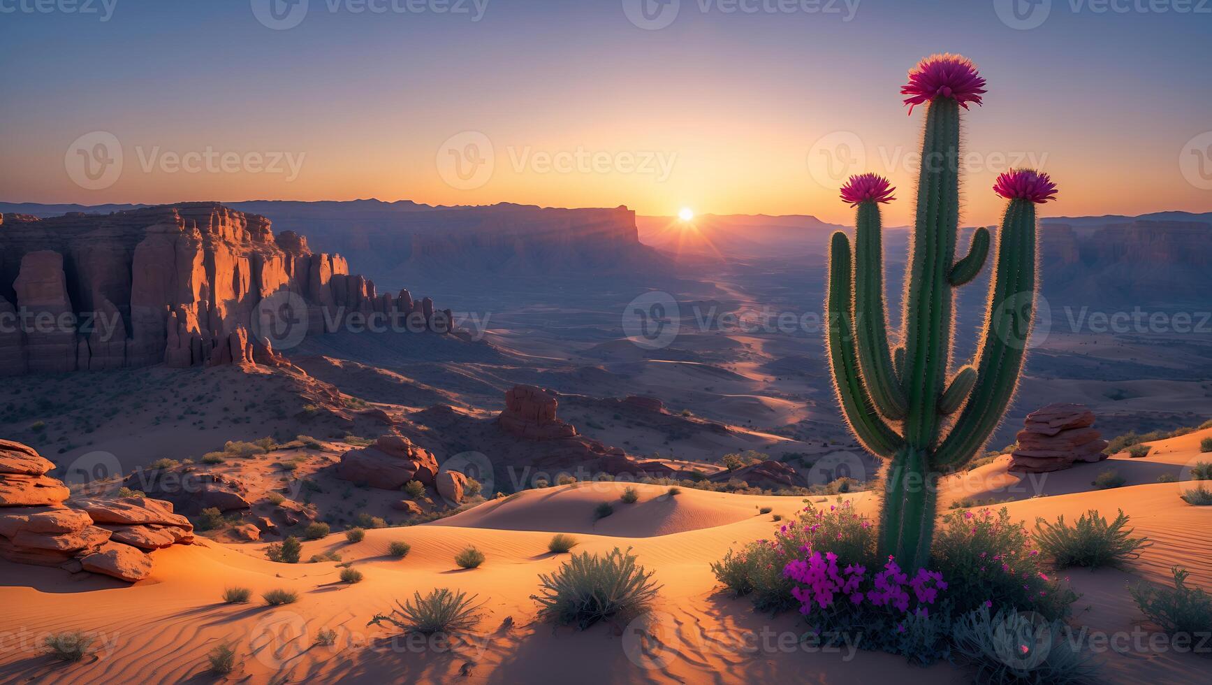 Flowering Cactus Stands Tall at Desert Sunset with Mountain Backdrop photo