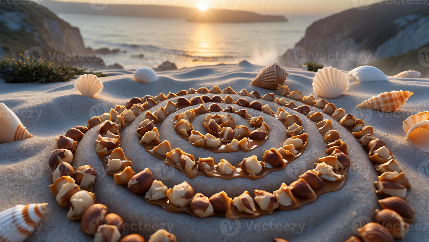 Spiral Pattern Made of Sea Shells on Beach at Sunset photo