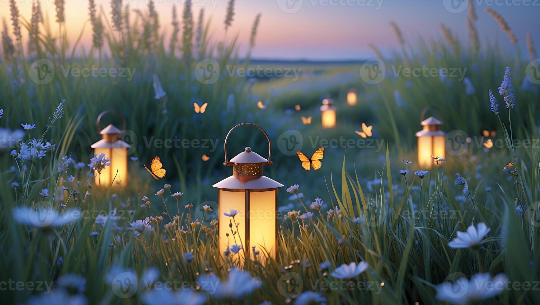 Illuminated Lanterns in Meadow at Dusk with Butterflies Flying Around photo