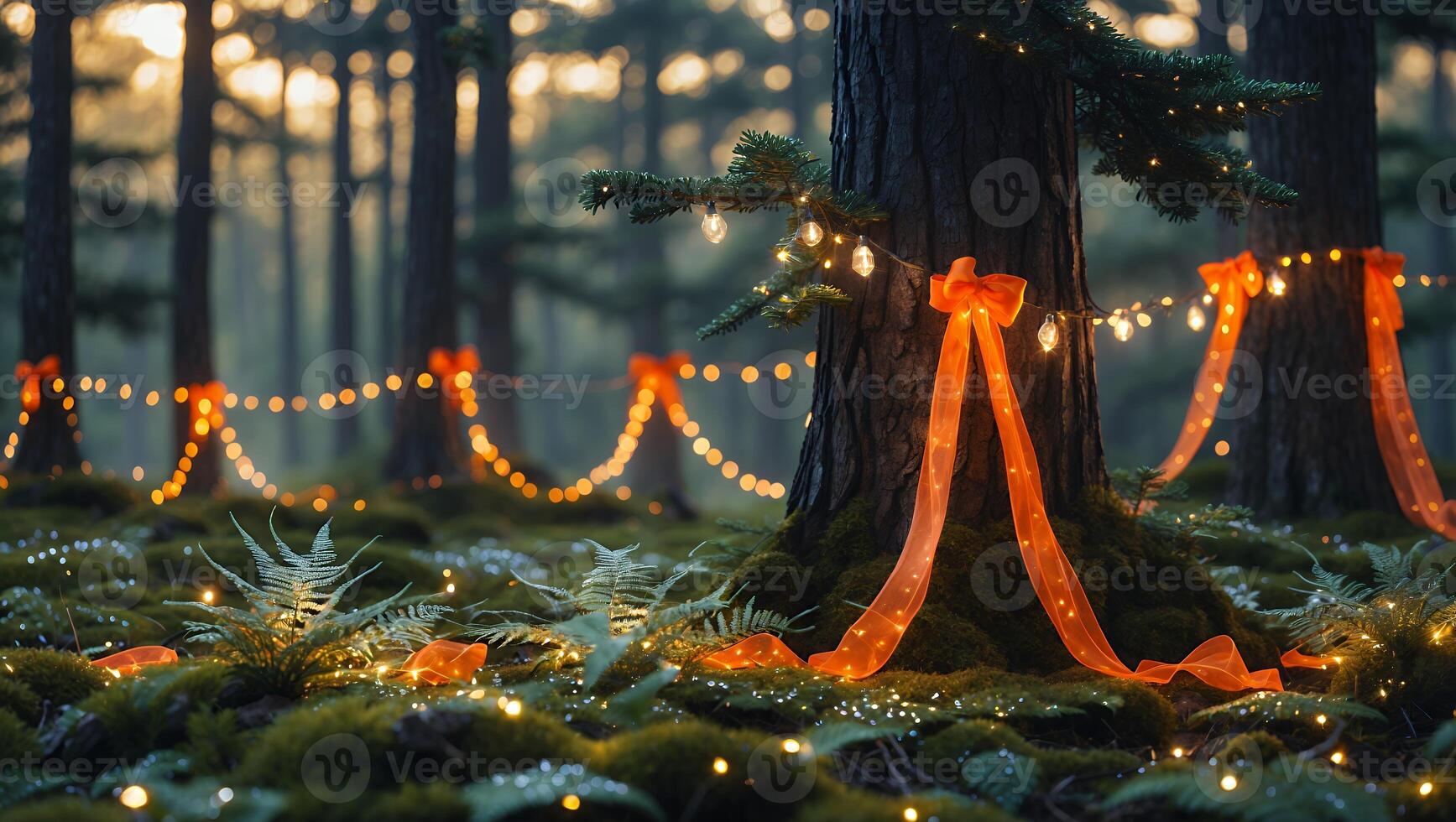 Decorating Forest Trees with Orange Ribbon and String Lights Holiday Magic photo