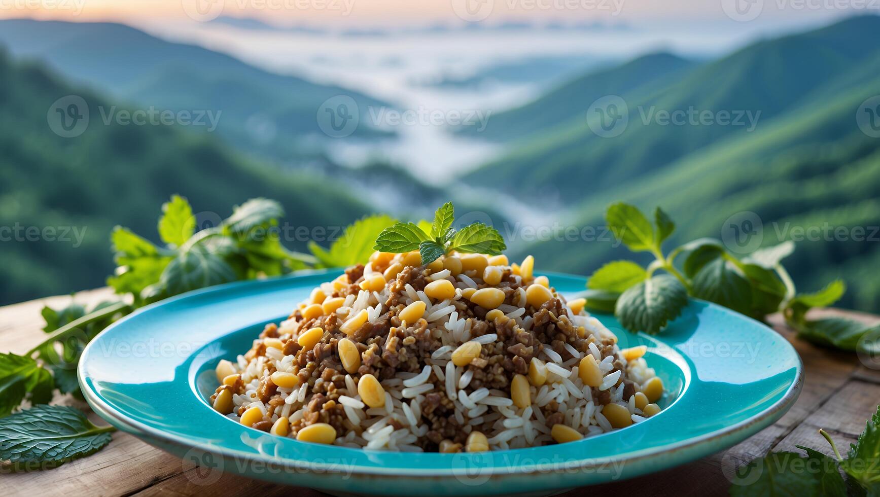 Rice and Meat Dish Topped with Pine Nuts with Mountain Backdrop photo