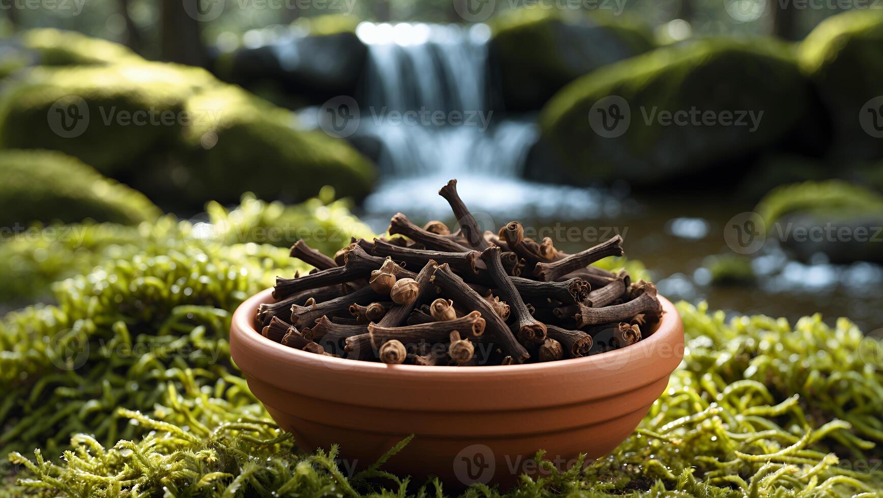 Cloves in Bowl Sits in Moss Near Stream for Flavoring photo