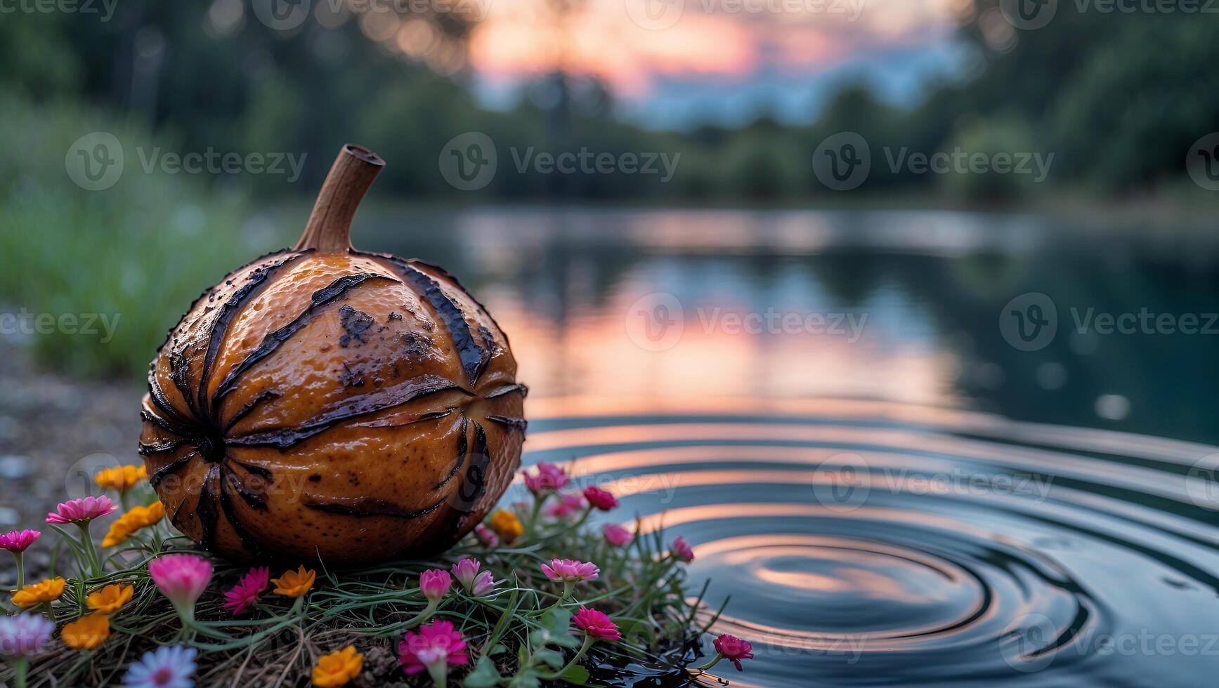 Gourd and Flowers Beside a Calm Lake at Sunset Reflecting Sky photo