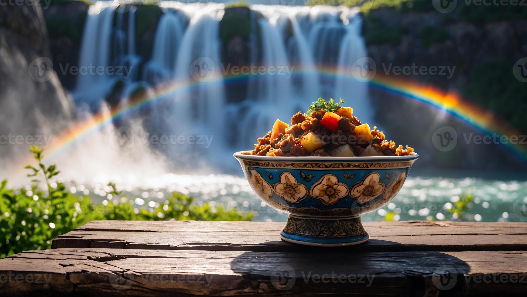 Stewed Food Bowl Overlooking Majestic Waterfalls with a Rainbow Backdrop photo