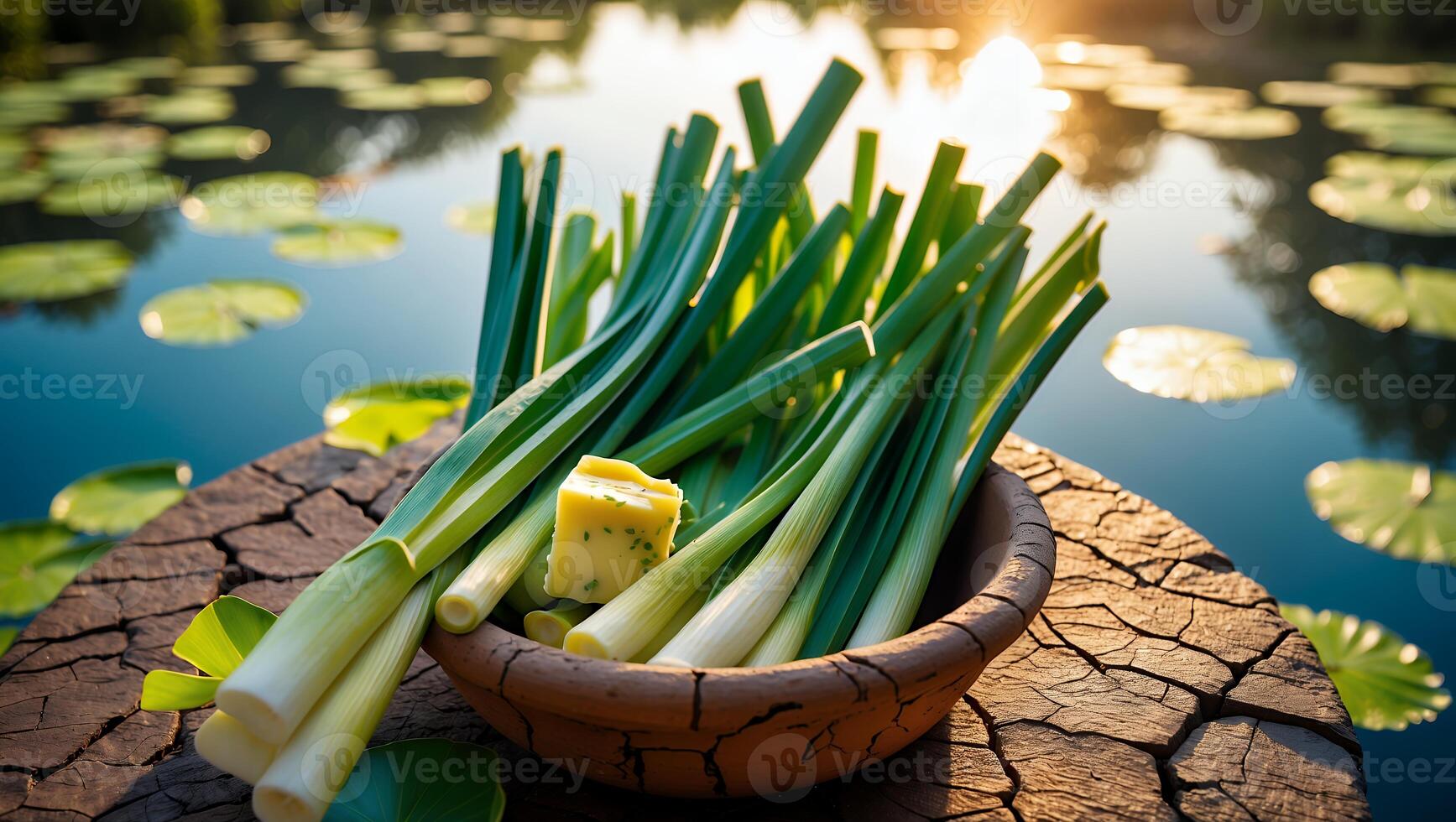 Preparing Leeks and Flavored Butter Outdoors by the Pond photo