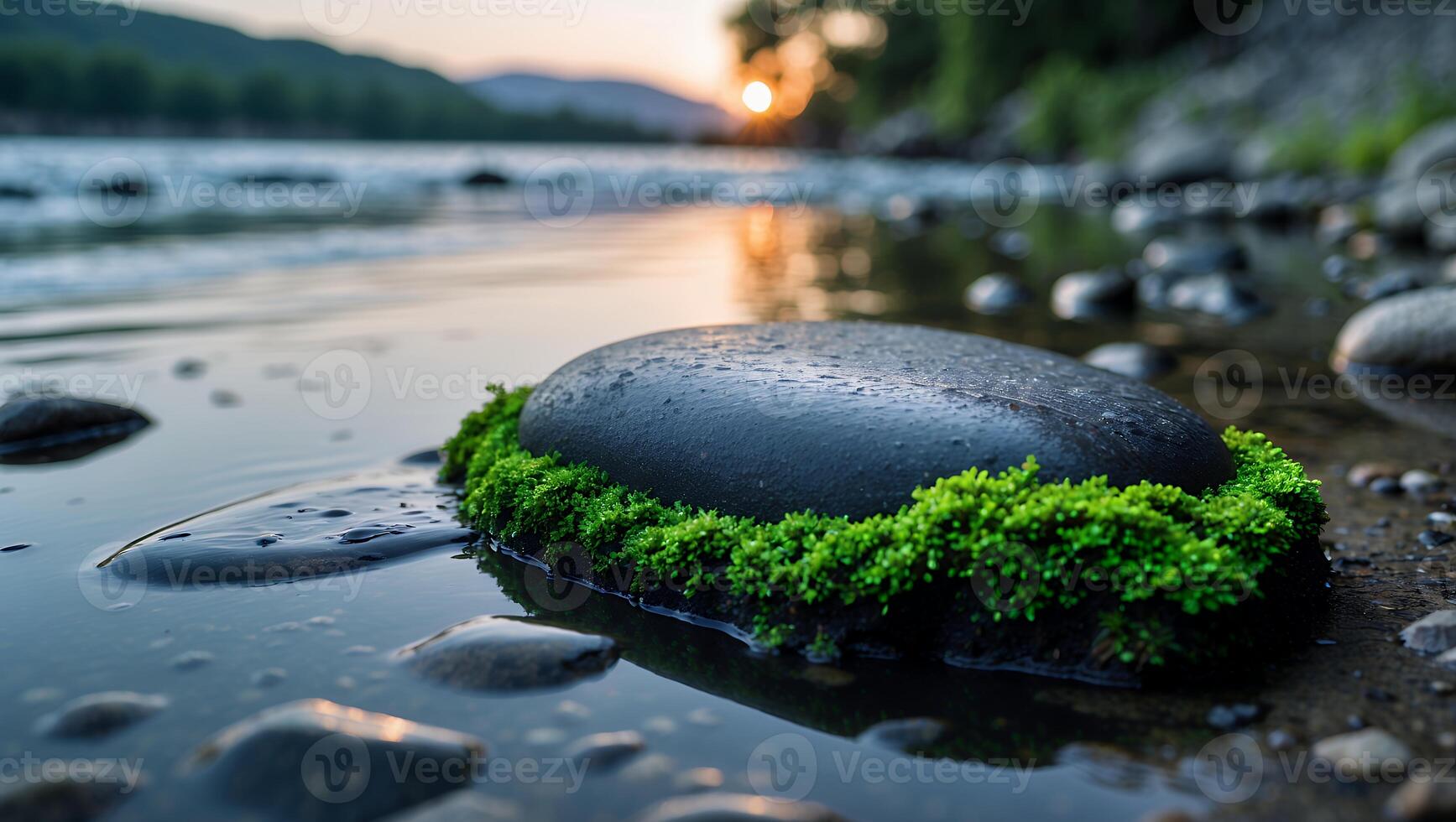 River Stone with Moss at Sunset Serene Water Landscape photo