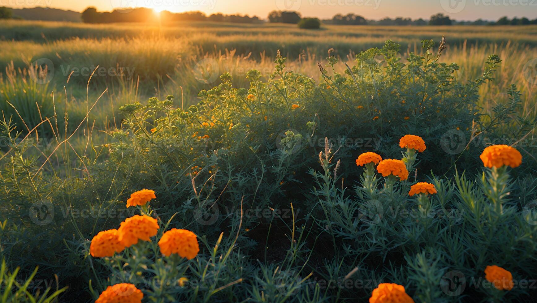 Orange Flowers Bloom in Field at Sunrise with Golden Light photo