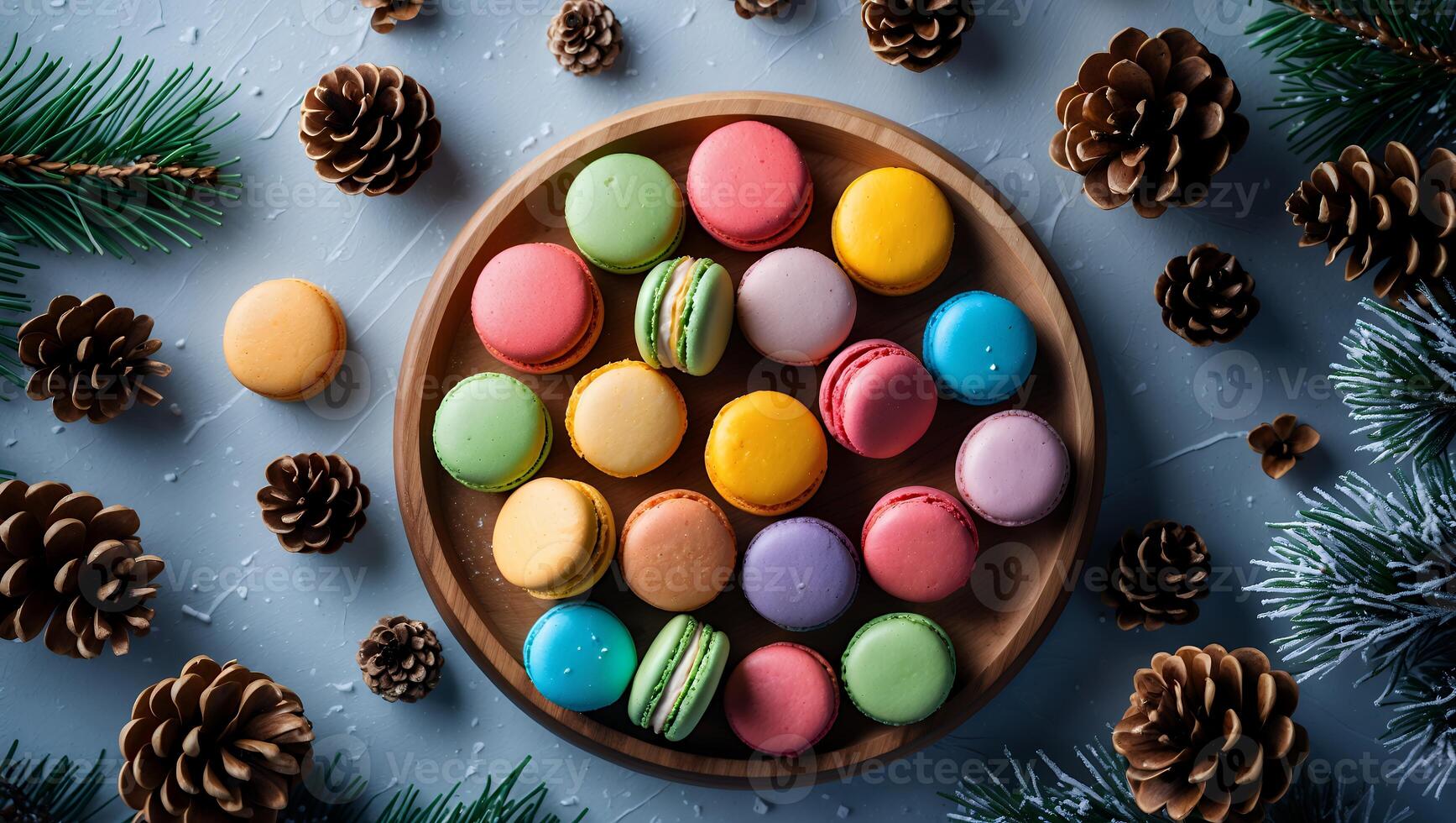 Colorful Macarons on Wooden Plate with Pine Cones and Fir Branches photo