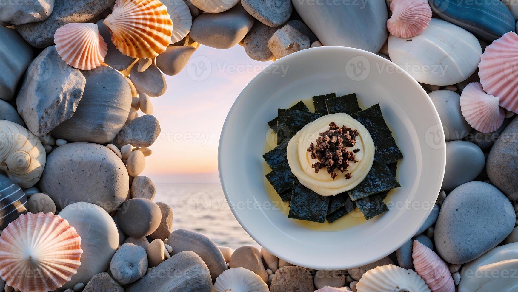 Dish with Seaweed and Sauce on Beach with Shells and Rocks photo