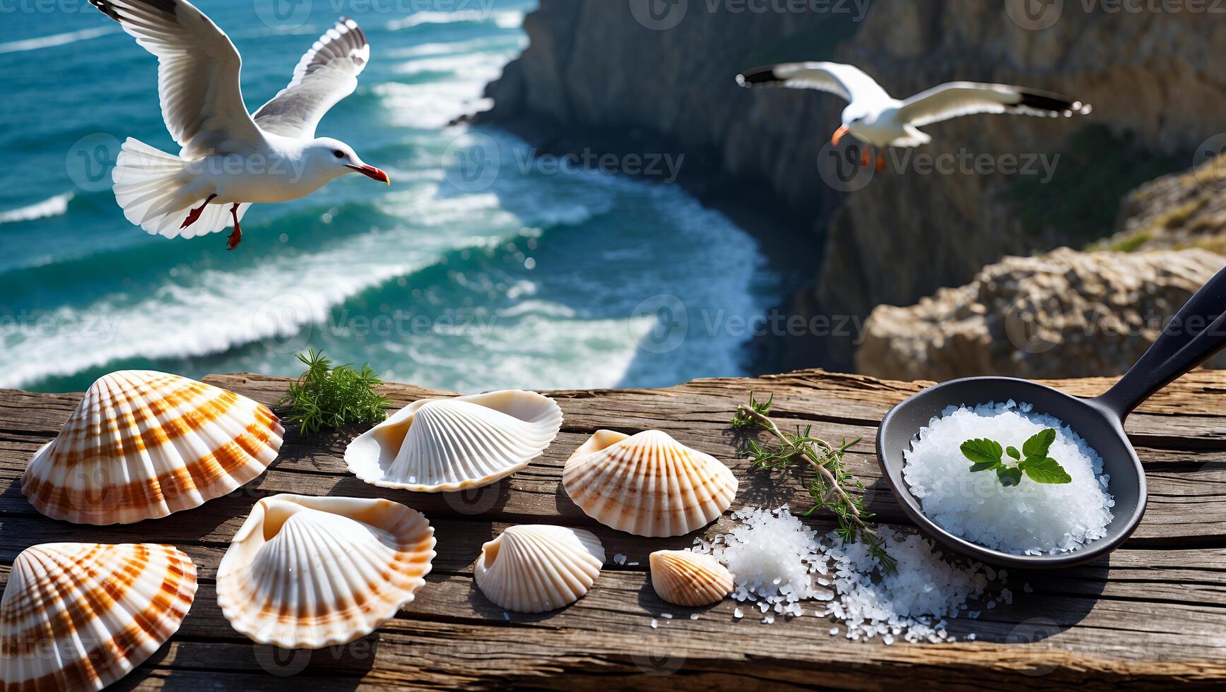 Seashells and Salt Crystals by the Ocean with Flying Birds photo
