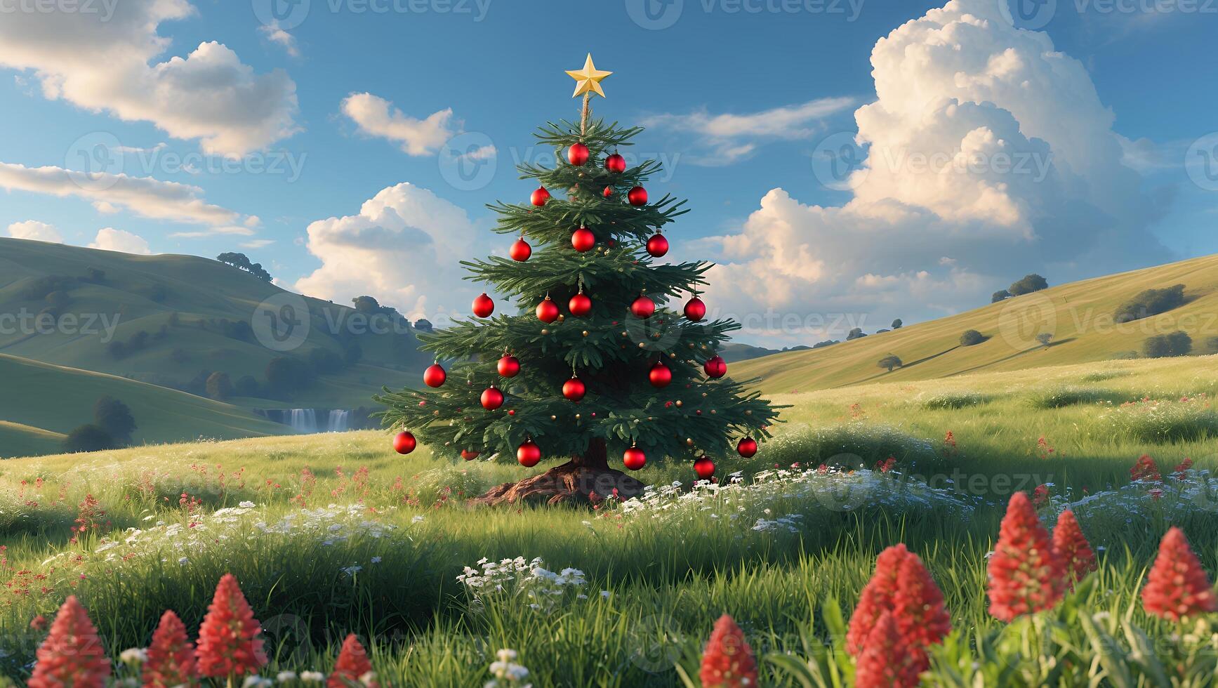 Decorated Christmas Tree Standing in a Meadow with Blooming Flowers photo