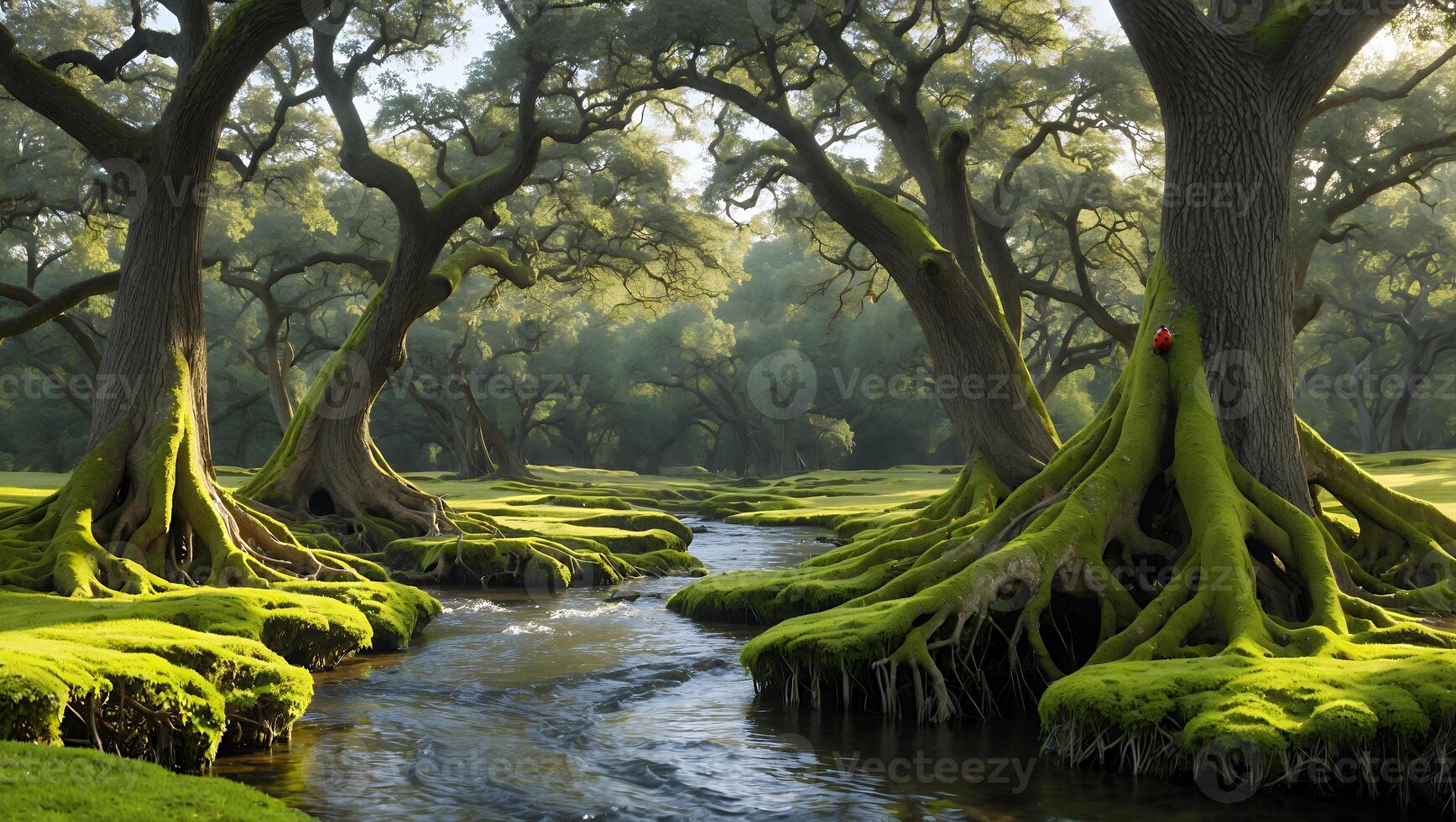 Flowing Stream Through Mossy Forest Landscape with Large Rooted Trees photo
