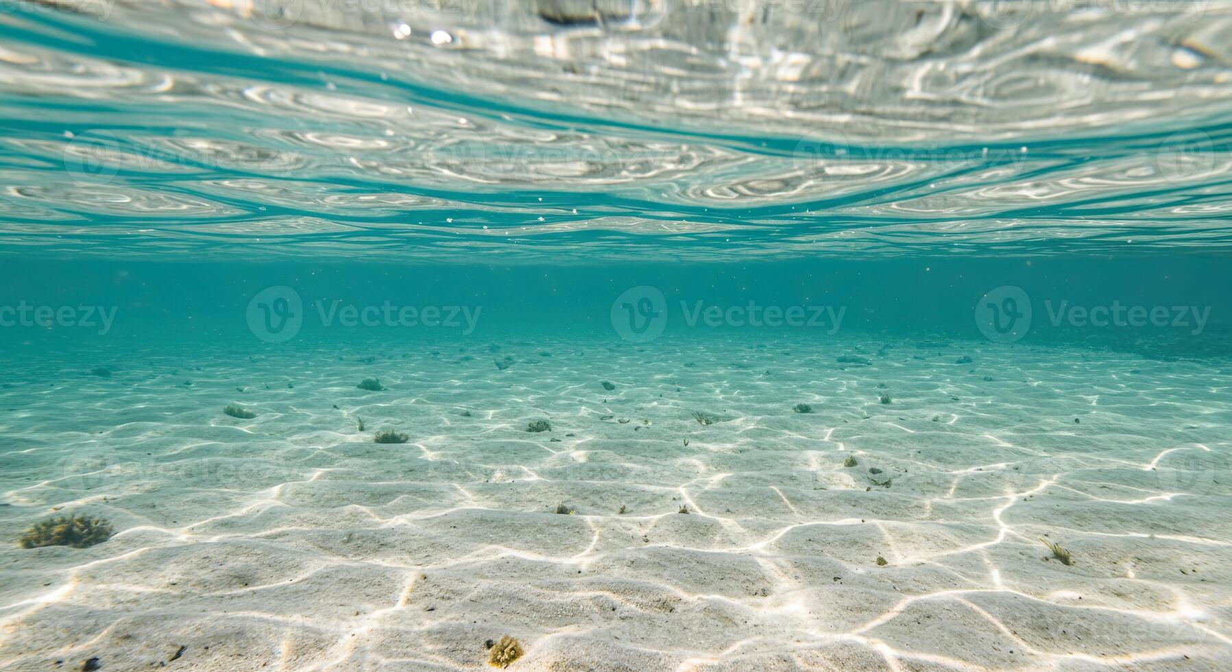 Underwater view of sandy ocean floor with sunlight reflections creating a serene ambiance photo