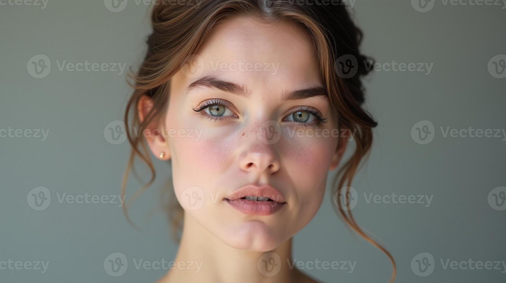 The image depicts a serene individual with a faint smile, against a muted, tranquil backdrop. photo