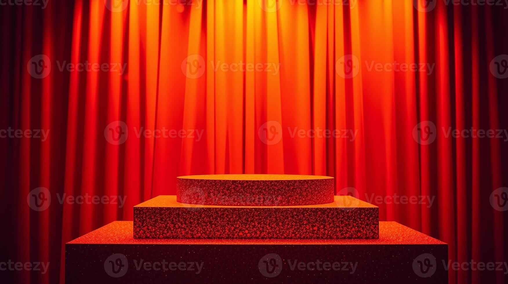 Stylish podium illuminated by warm, red lighting against a draped backdrop. photo