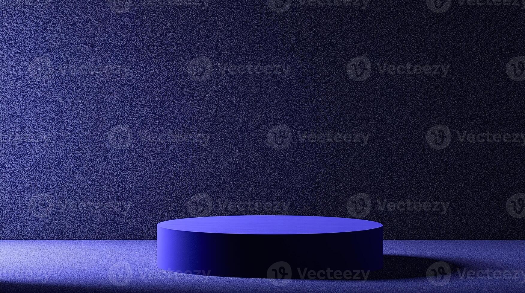 A minimalist, dark blue cylinder platform with shadowy lighting. photo