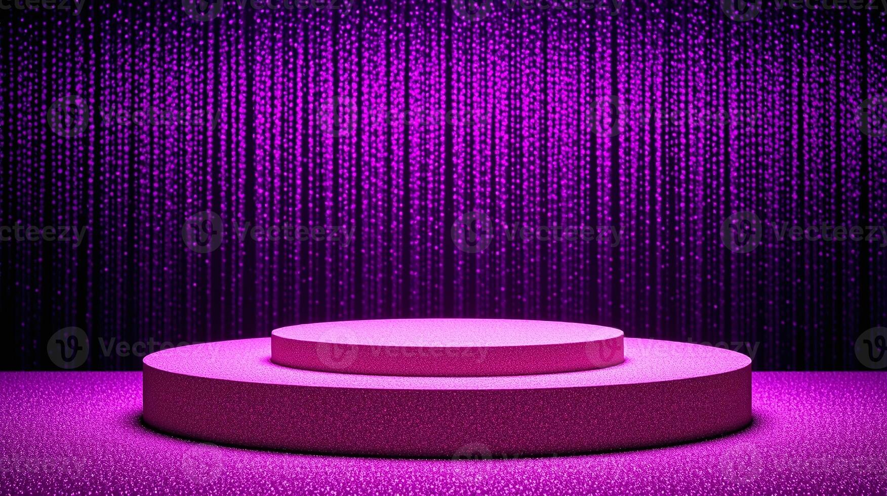 Circular podium illuminated by vibrant purple light. photo