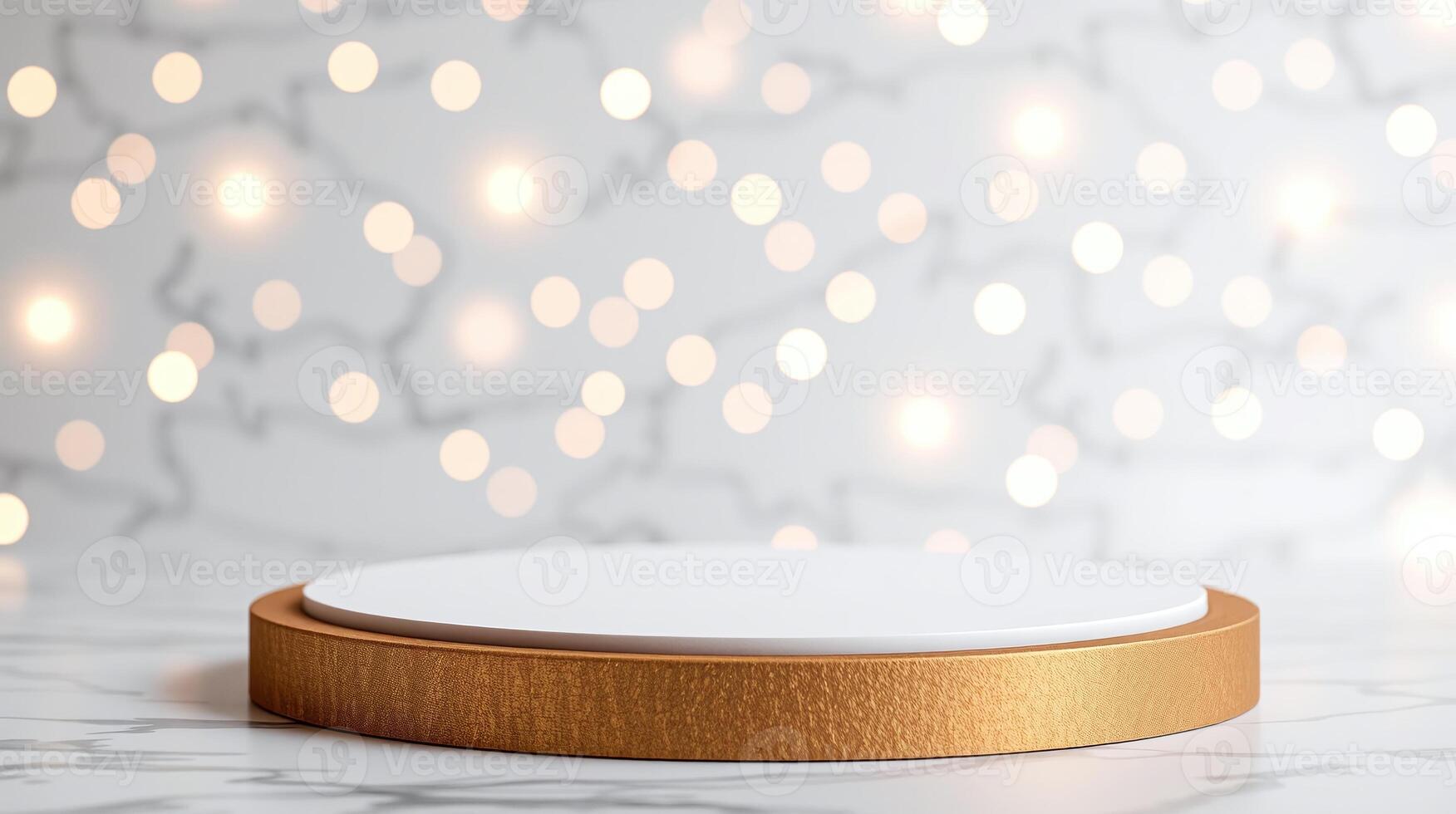 Elegant, minimalist platform on marble floor with blurred, sparkling background. photo