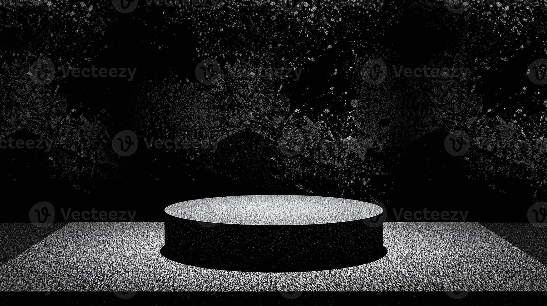 Circular pedestal with illuminated surface against a dark, textured backdrop. photo