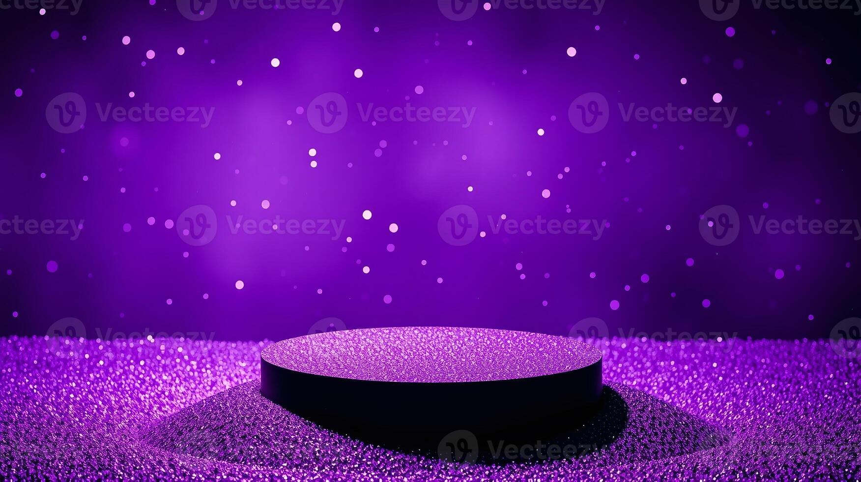 Circular platform in purple glitter against a vibrant purple backdrop. photo