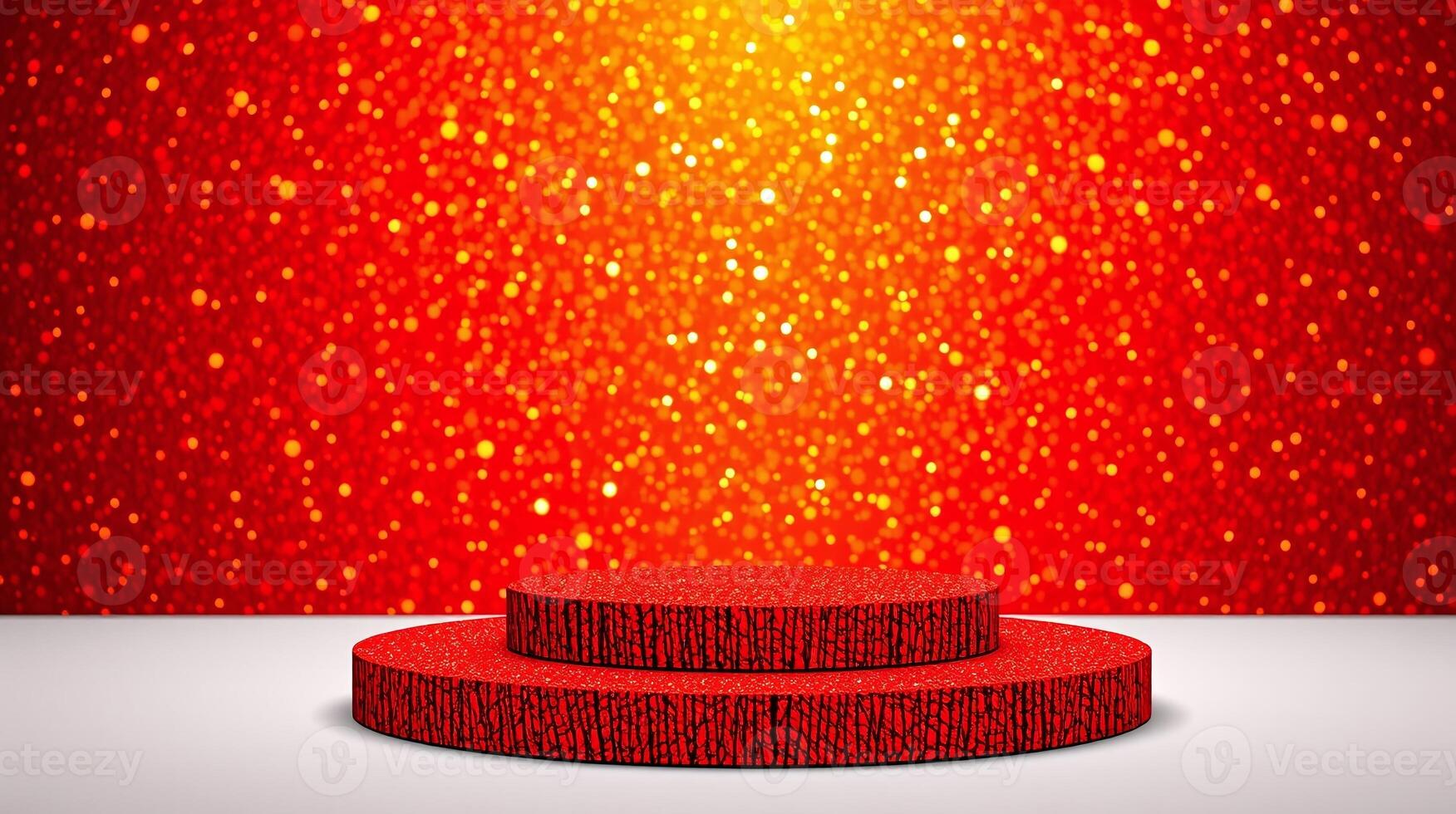 A striking red podium against a vibrant, glittering backdrop. photo