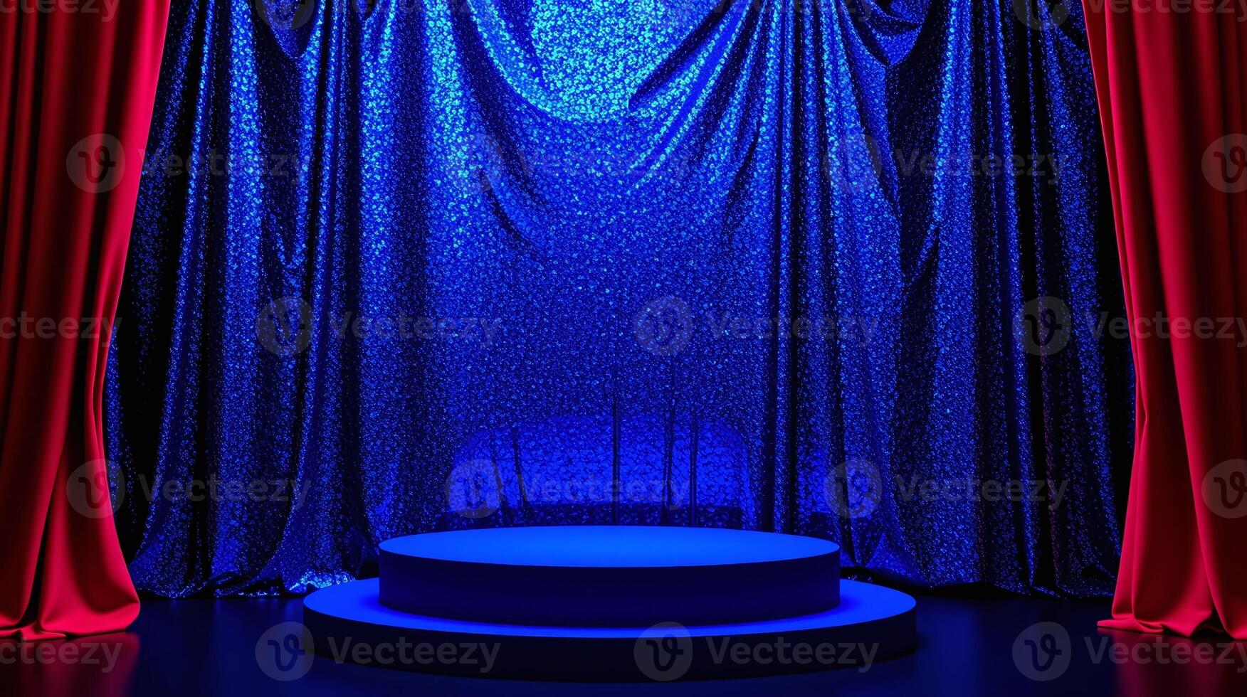A theatrical stage, draped in shimmering blue fabric, awaits its performance. photo