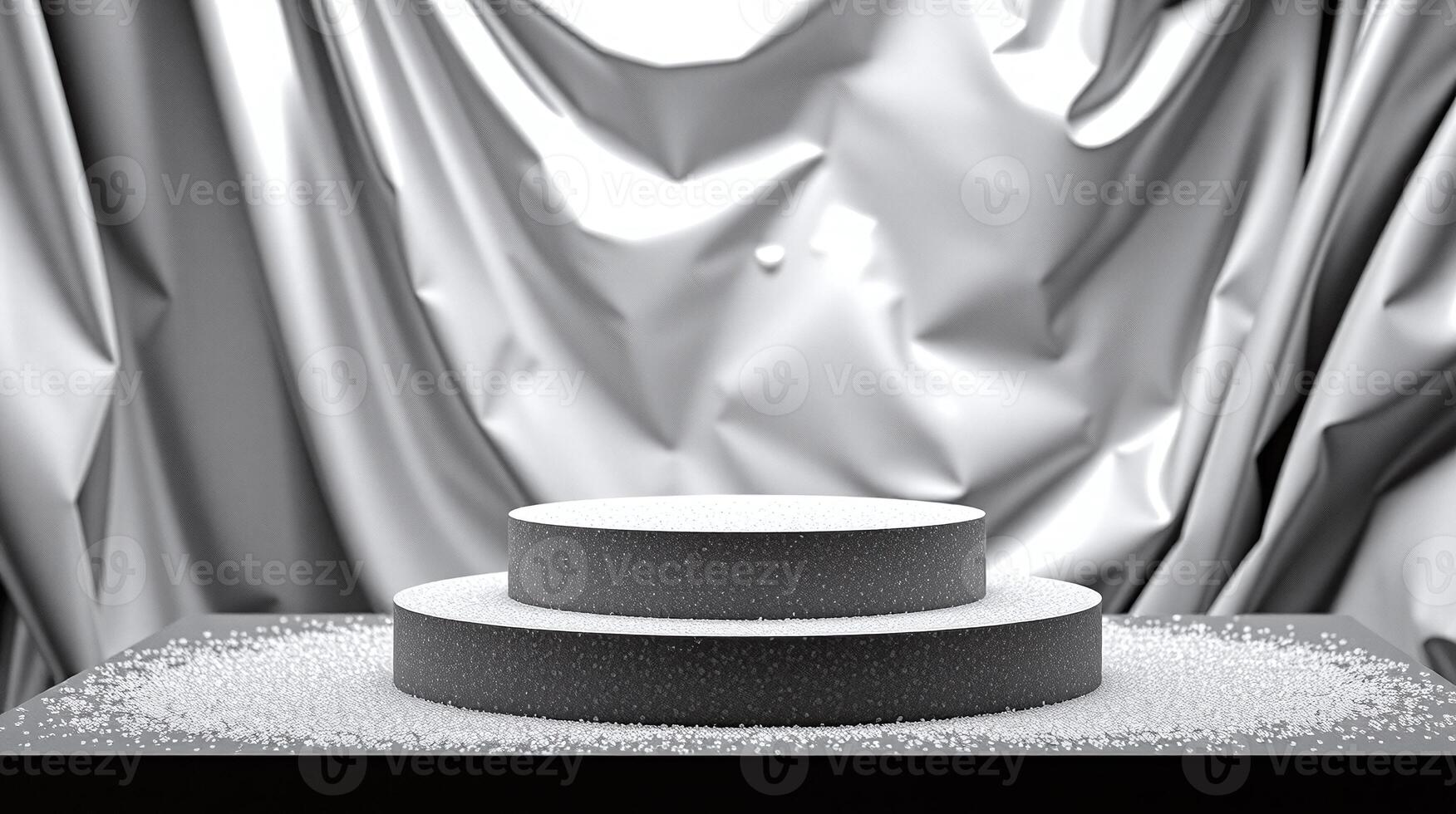 The image showcases a staged display featuring a textured black pedestal with a white top, set against a crinkled gray backdrop adorned with fallen white specks. photo