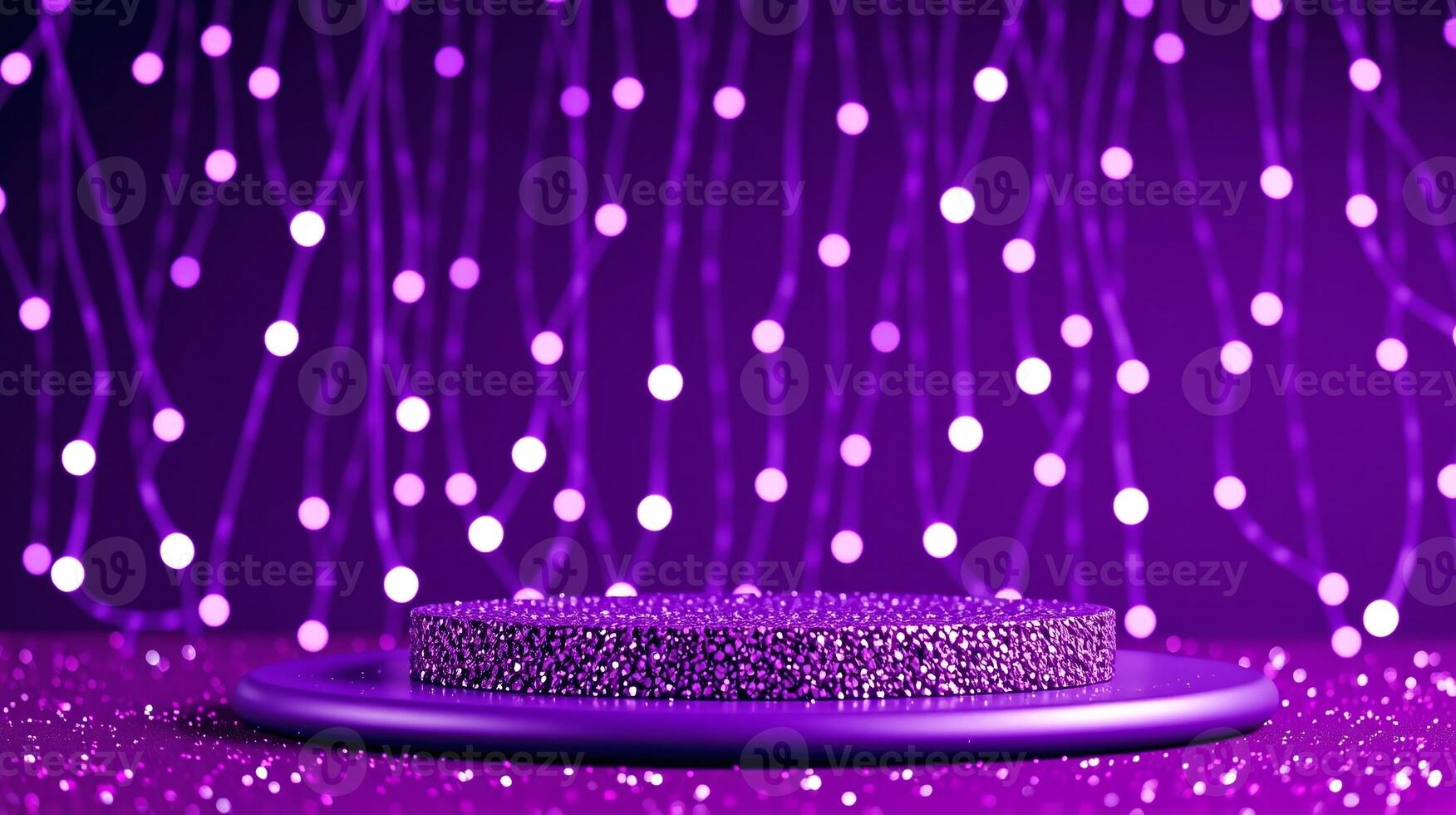 A glittering platform adorned with sparkling lights against a vivid purple backdrop. photo