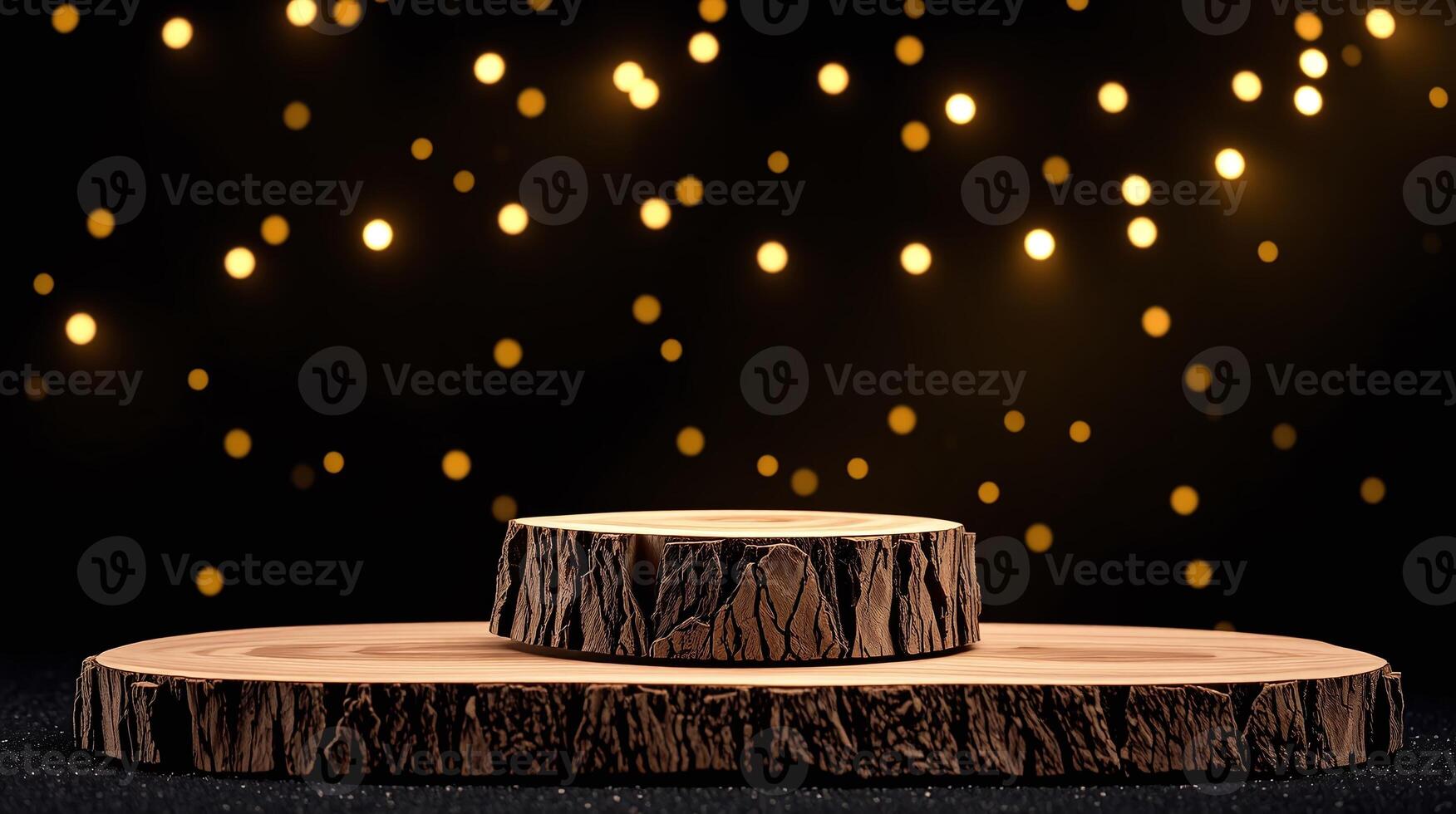The image depicts a wooden platform with a starry light backdrop, evoking a serene, ambient atmosphere. photo