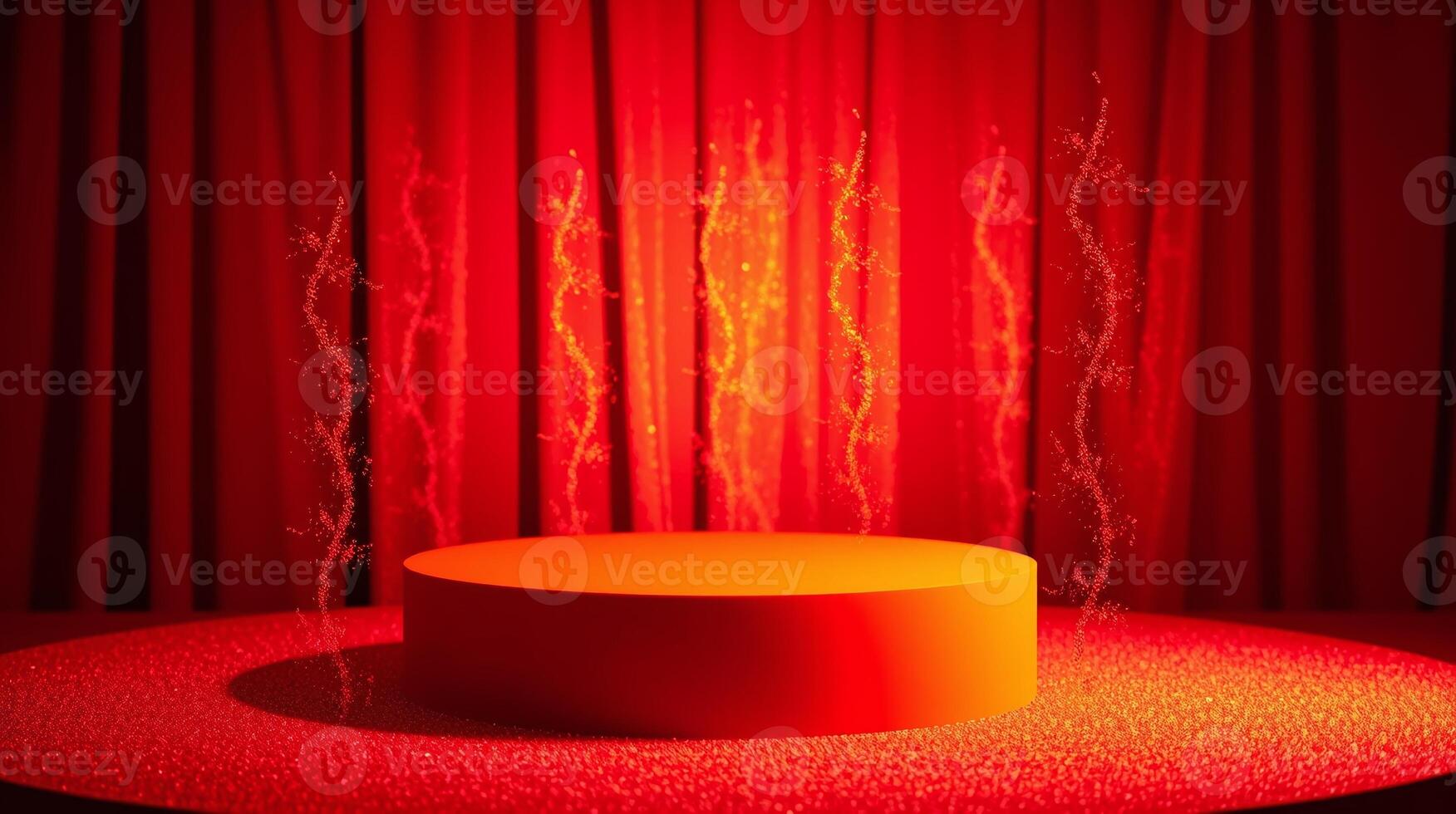 A radiant stage with a mesmerizing aura of light and shadow, illuminated by golden particles. photo