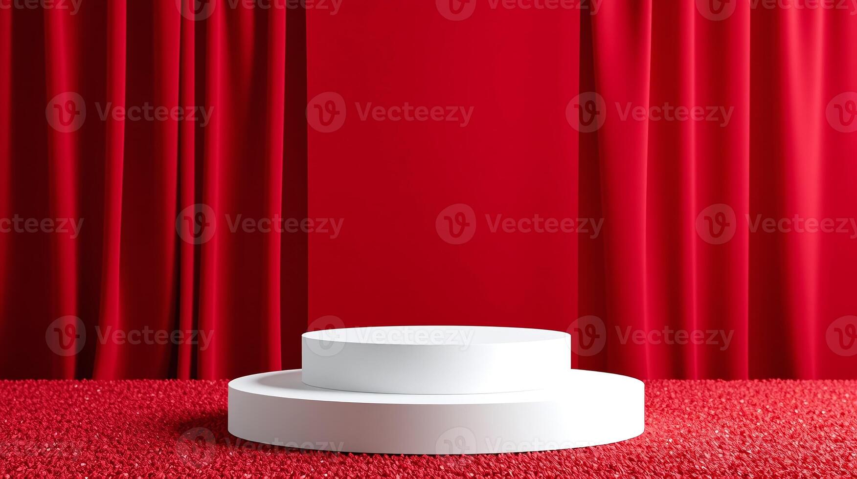 White pedistals on a carpeted stage with red curtains. photo