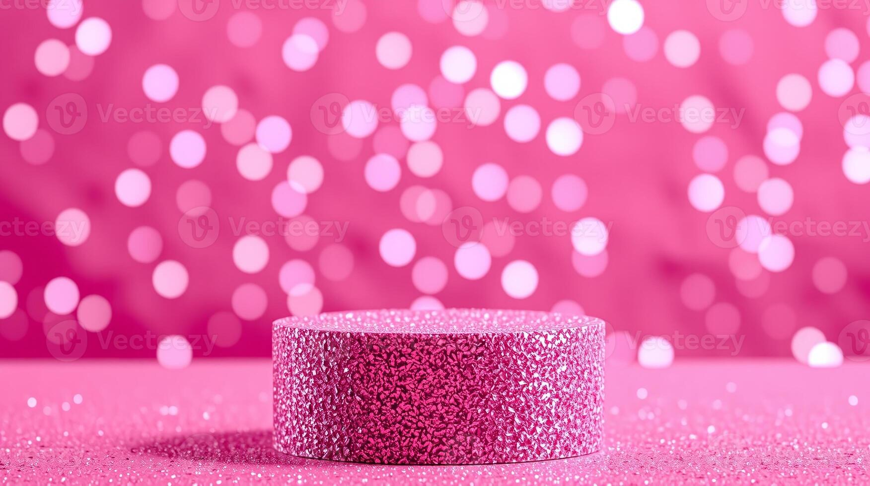 A cylindrical base on a glittering pink surface, with a bokeh effect in the background. photo