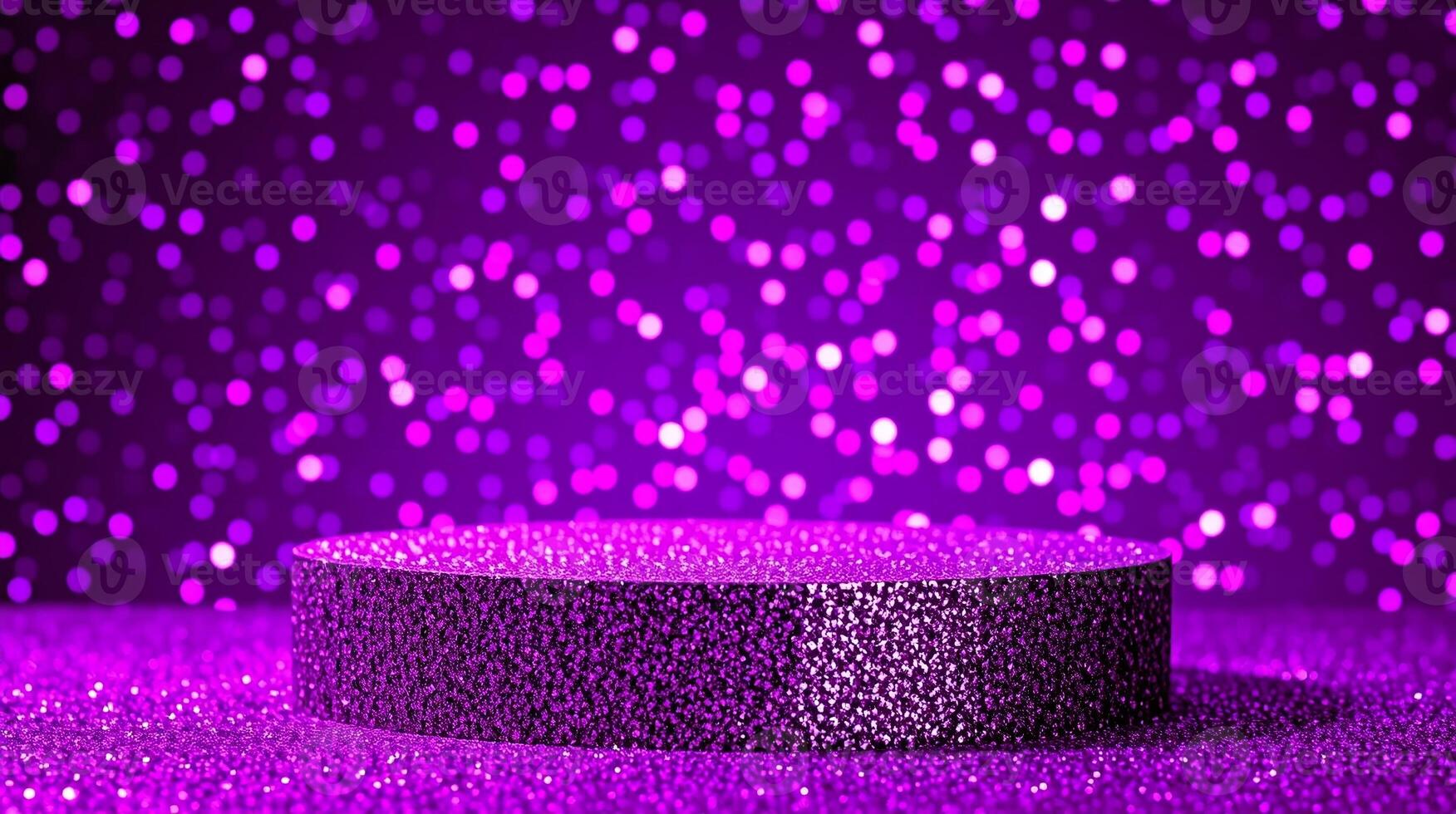 The image depicts a purple glittery podium with a bokeh effect background. photo