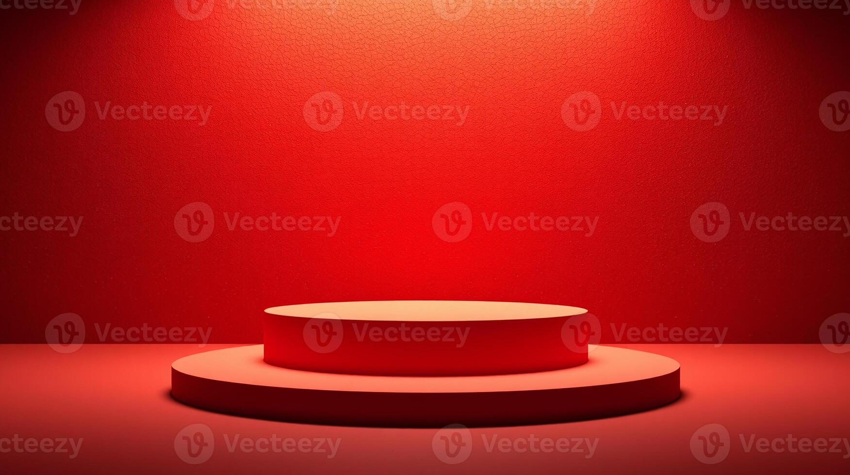 The image depicts a minimalist, circular podium set against an all-red background, illuminated by a single source of light. photo