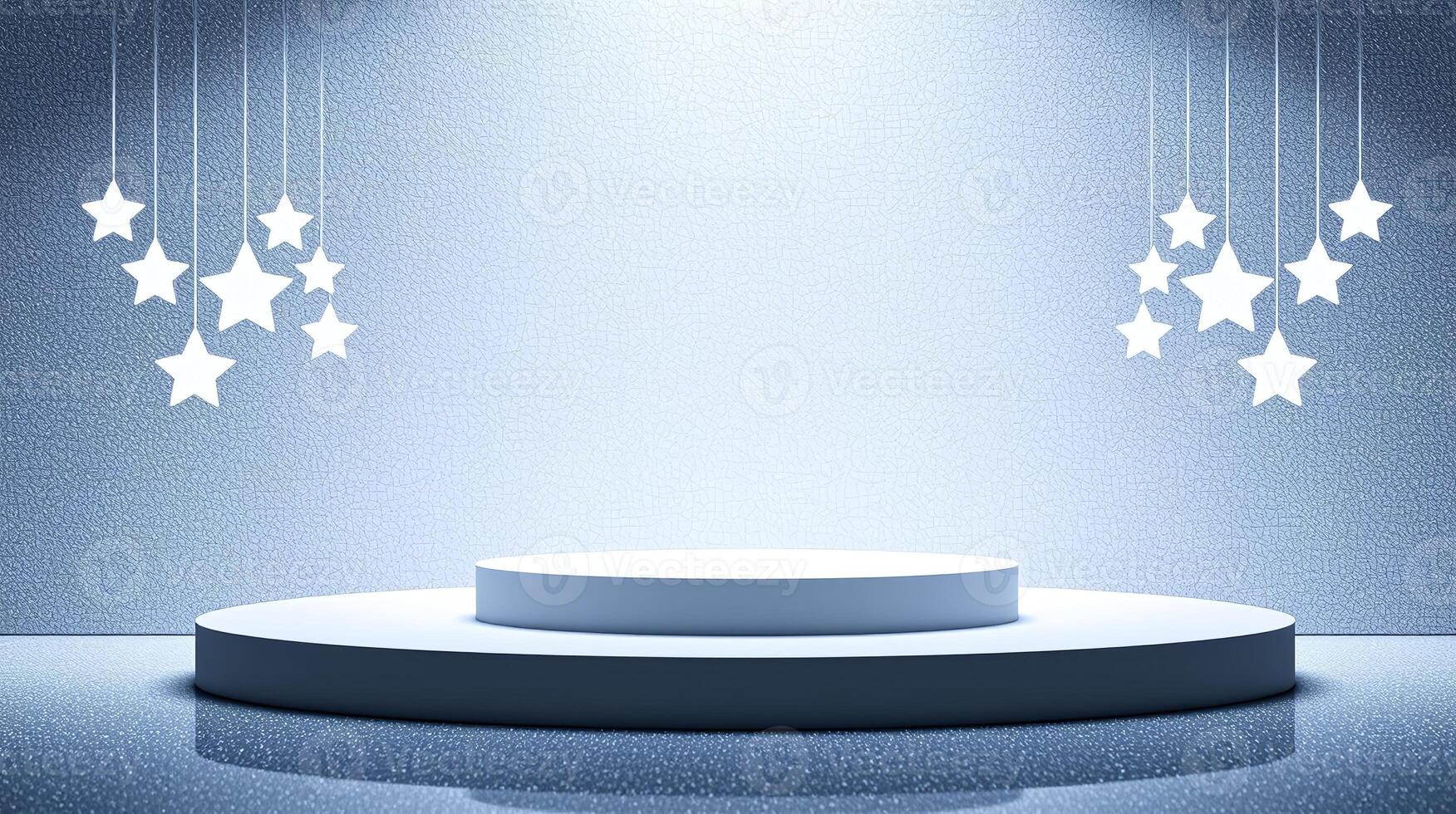 A minimalist pedestal in white, illuminated by a soft light against a textured blue backdrop adorned with hanging stars. photo
