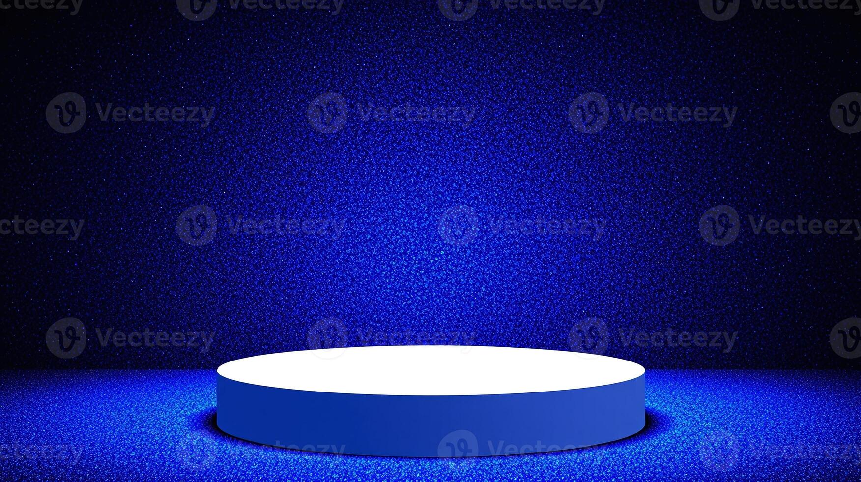 The image depicts a circular, illuminated platform set against a deep, sparkling blue background. photo