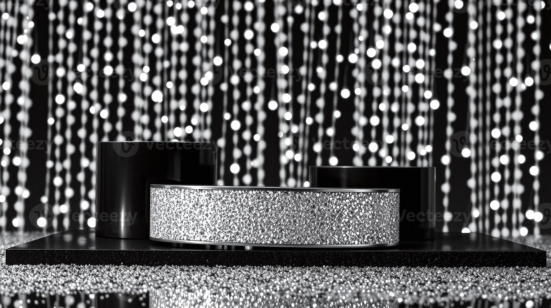 The image features a black and white setting with two cylindrical objects. photo
