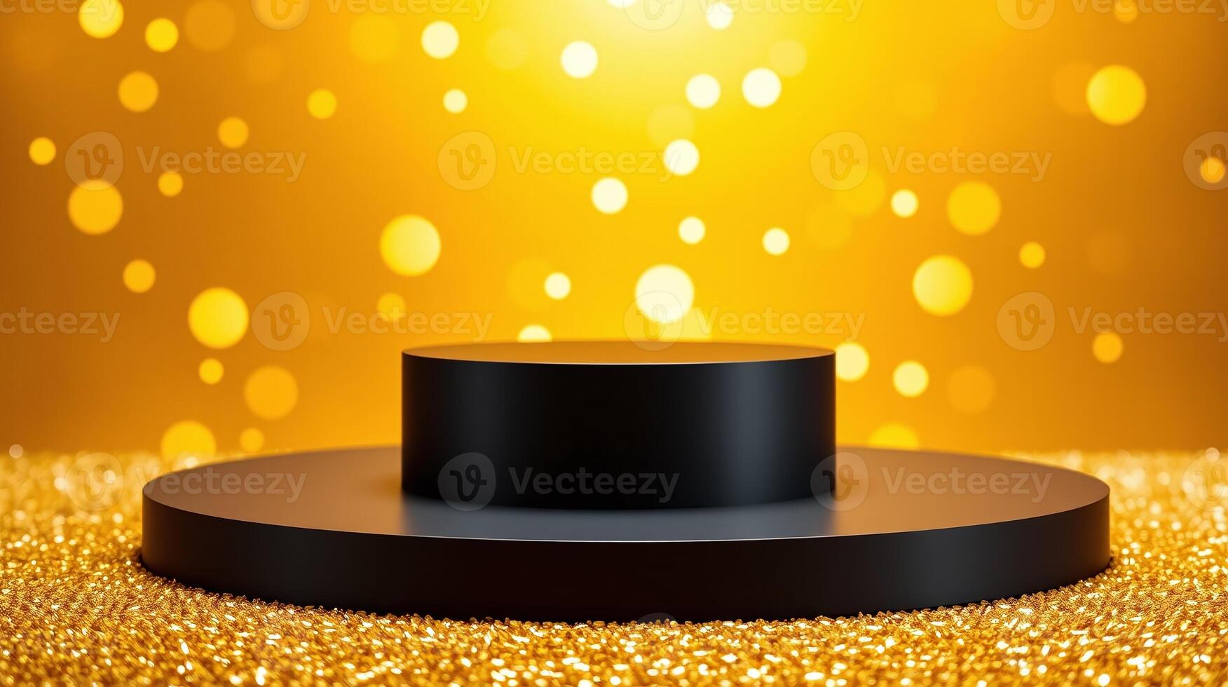 The image features an elegant black pedestal set against a sparkling golden background, exuding a sense of sophistication and glamour. photo