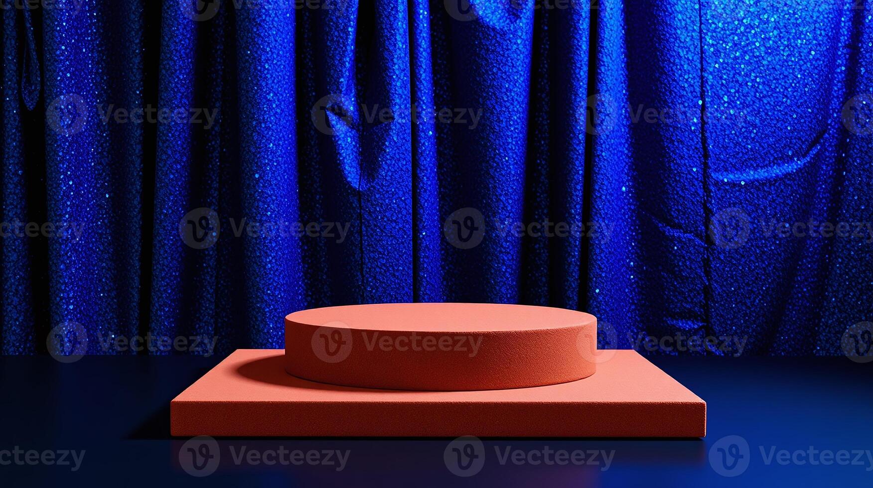 A minimalist scene featuring a vibrant orange pedestal against a shimmering, deep blue backdrop. photo