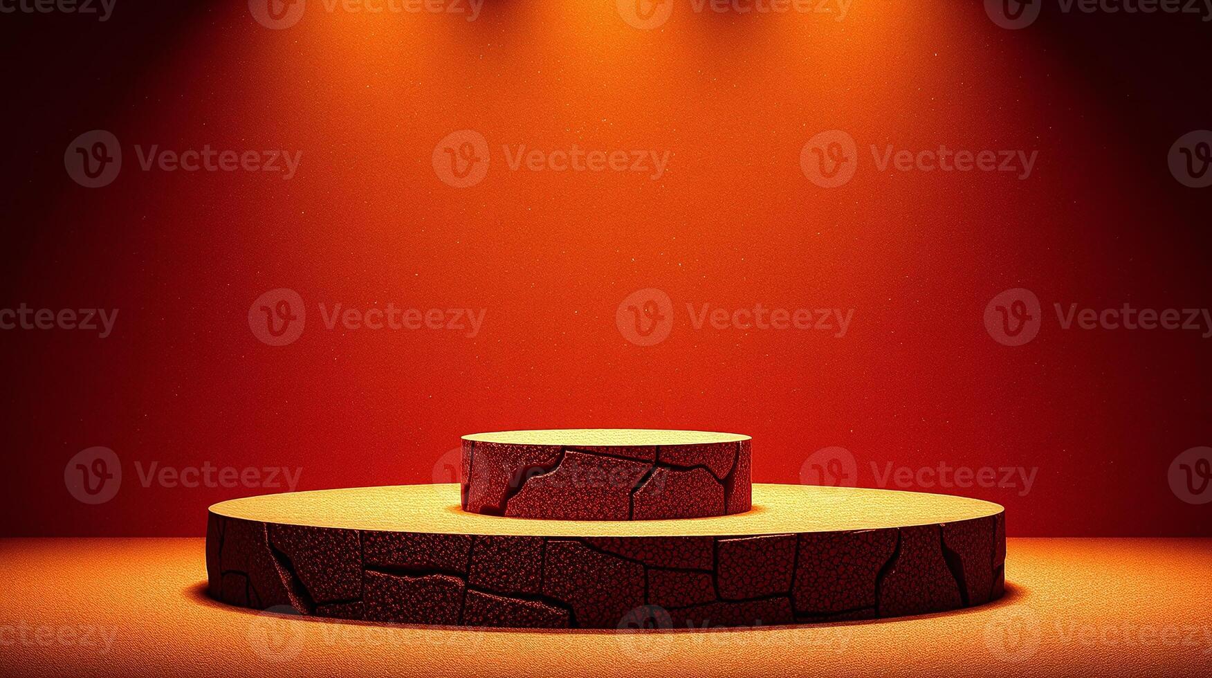 A circular pedestal with cracked texture under a spotlight. photo