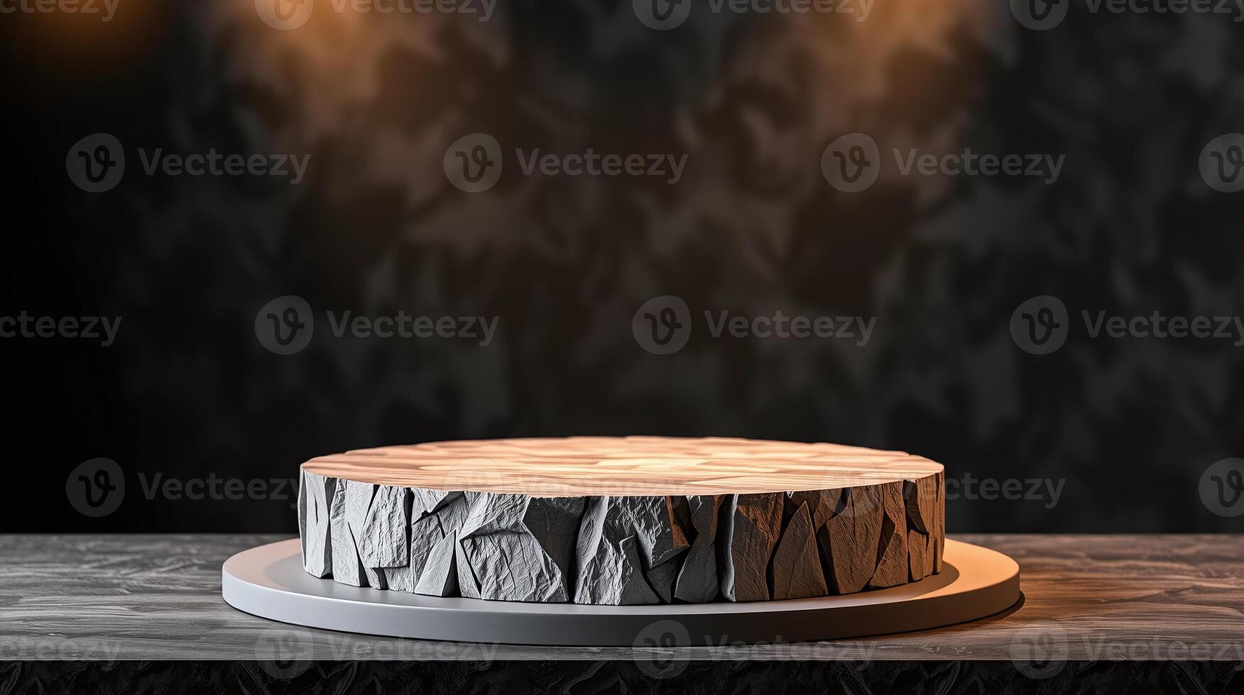 Circular stone podium illuminated by warm lighting against a dark background. photo