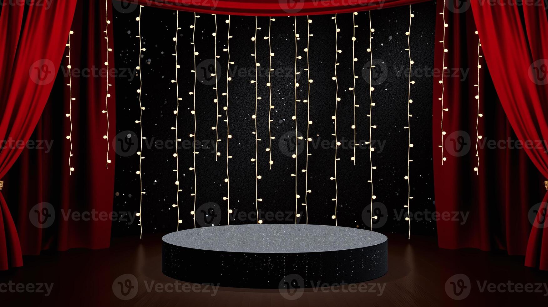An elegant stage with a circular podium, illuminated by string lights against a backdrop of red curtains. photo