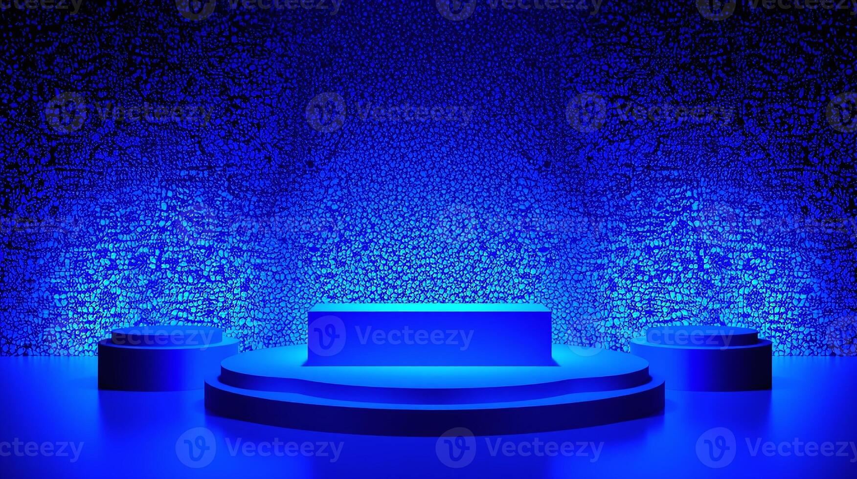 Three circular platforms, each encircled by a blue light, positioned symmetrically against a backdrop of intricate blue patterns. photo