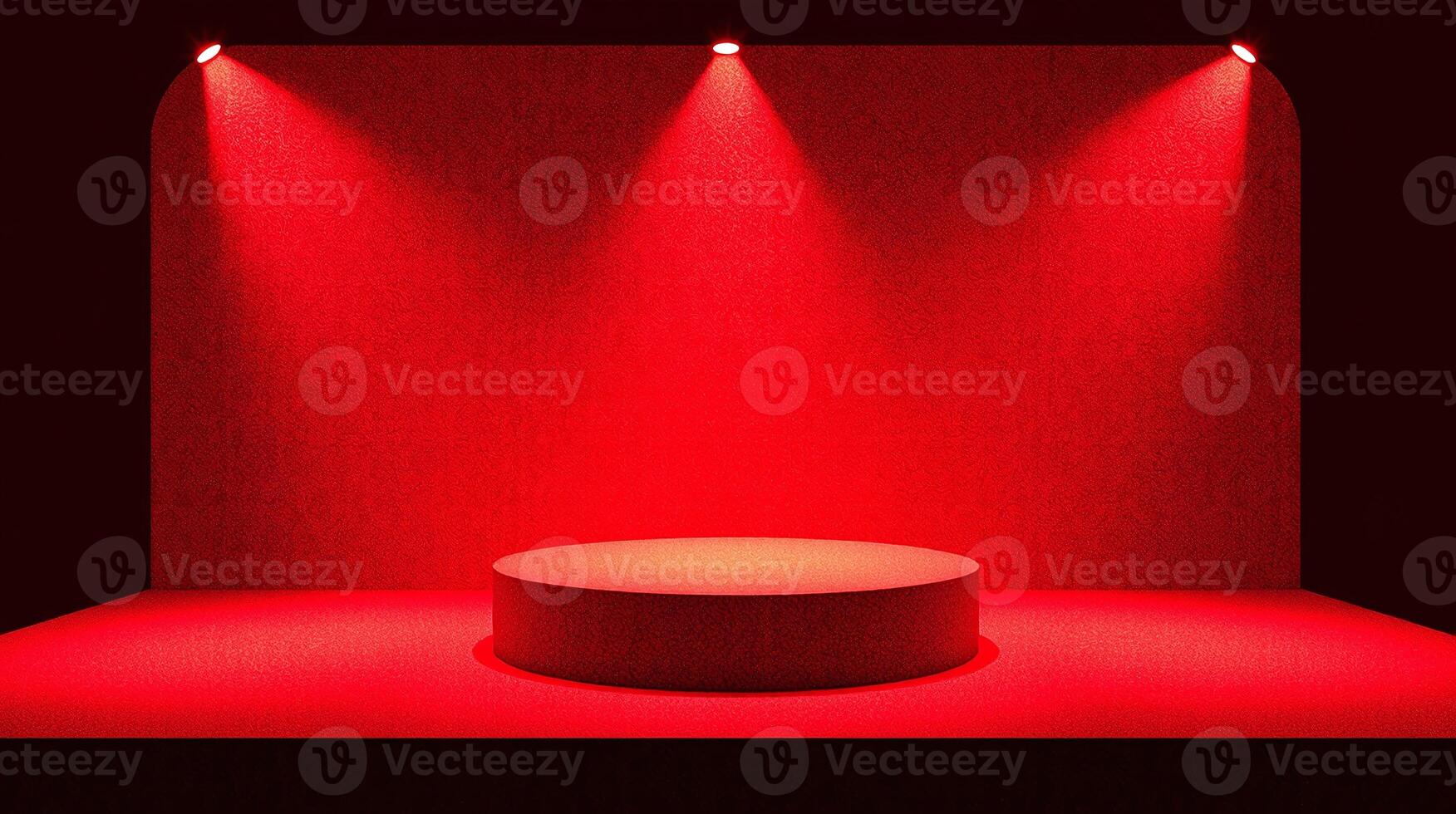 A red-lit podium stands against a dark background, illuminated by three spotlights. photo