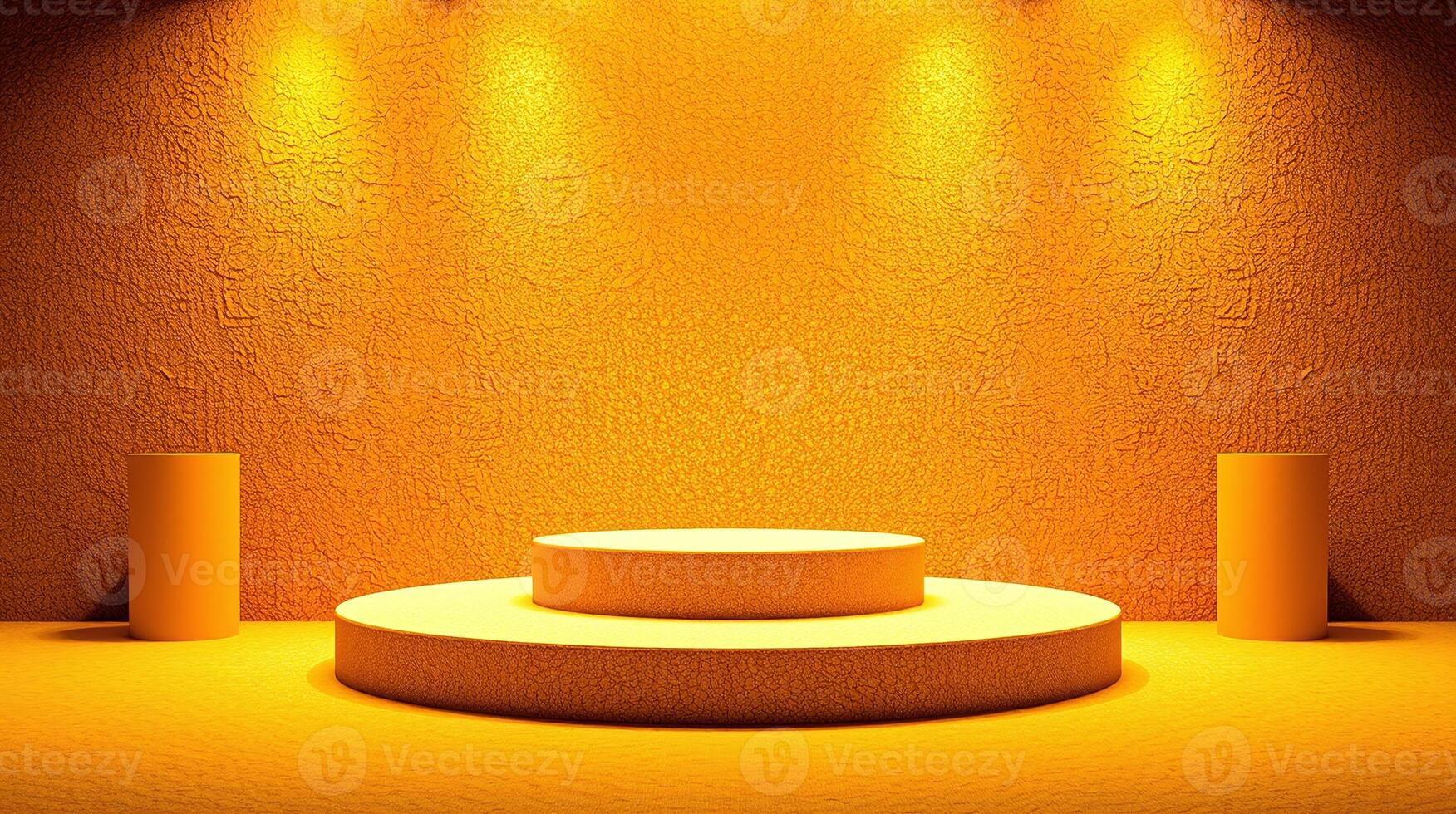 A minimalist scene with textured walls and a central, illuminated platform. photo