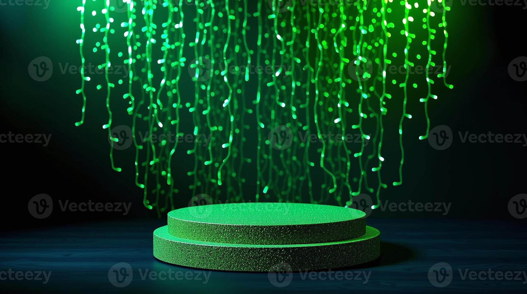 A dark room illuminated by cascading green lights. photo