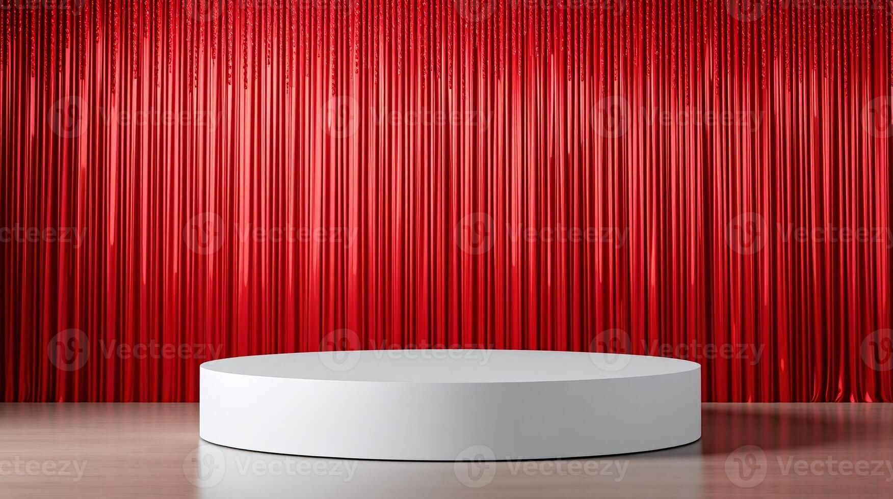 A circular podium is set against a shimmering red curtain backdrop. photo