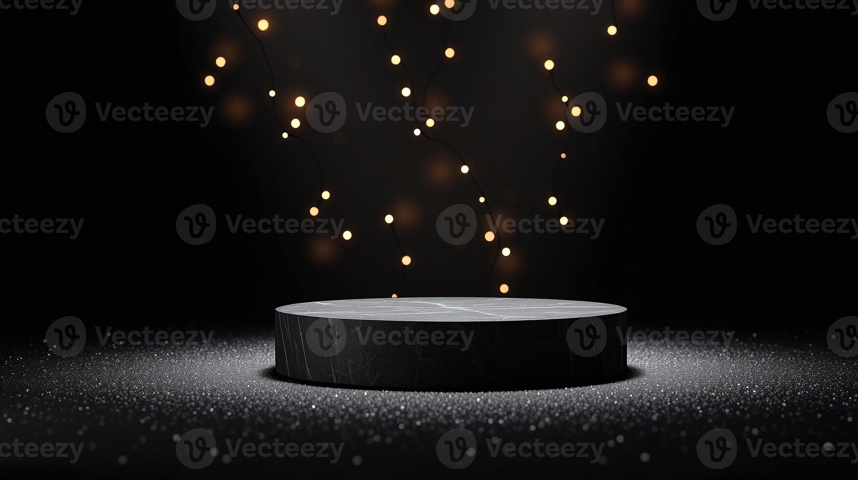 A black marble pedestal illuminated by delicate string lights against a dark backdrop. photo